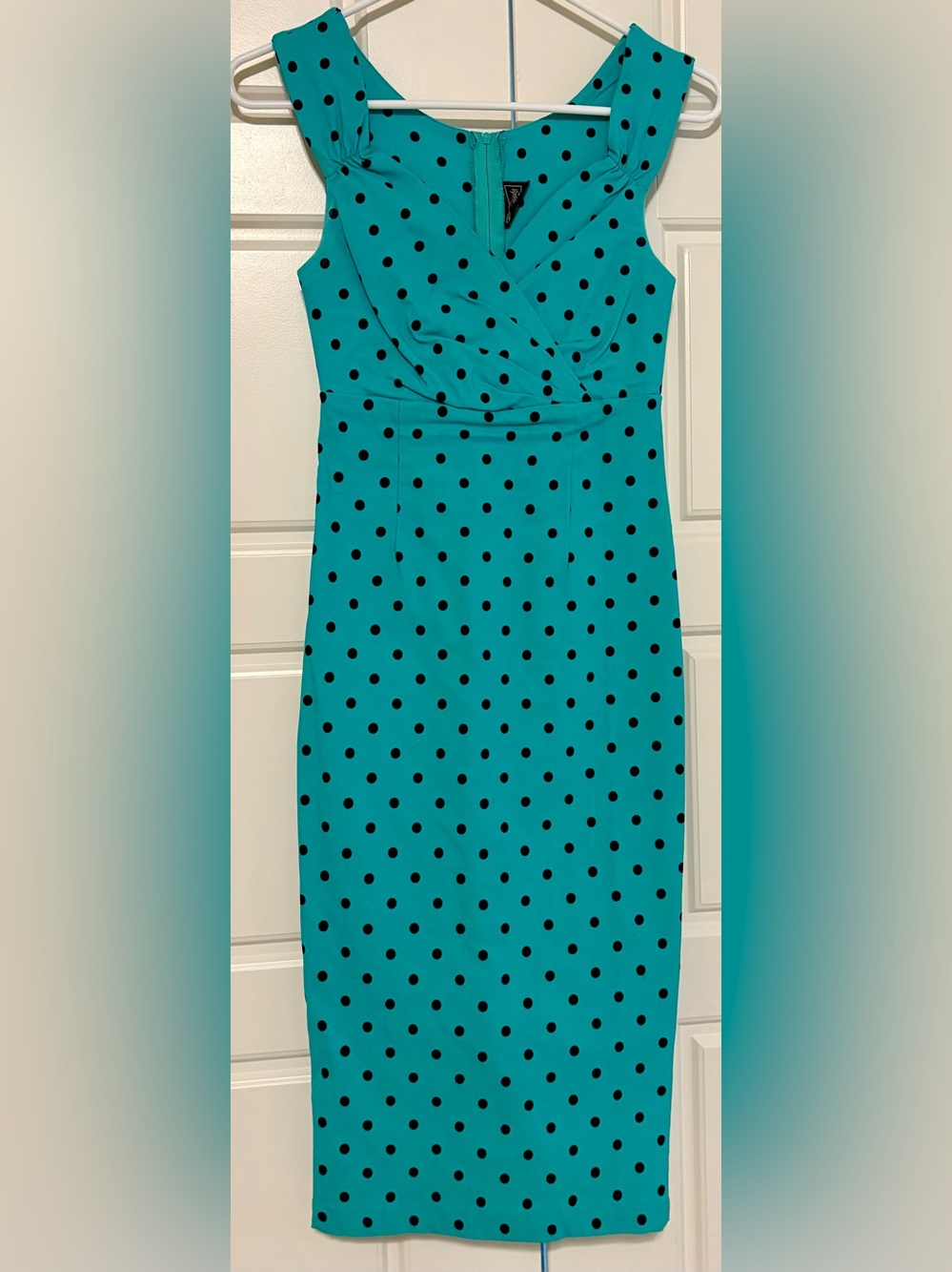 RockSteady Teal Pencil Dress with Black Polka Dots